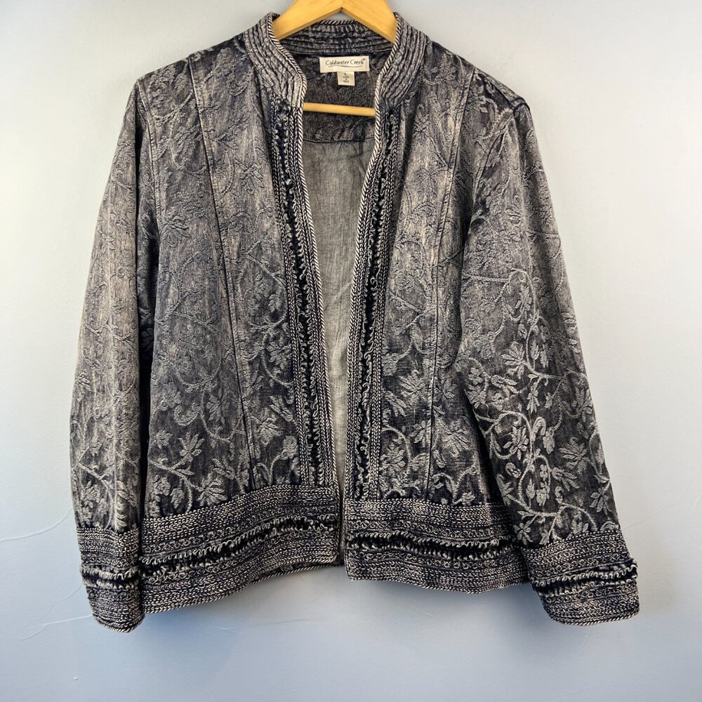 Coldwater Creek‎ Blue Jacquard BrocadeTapestry Open Front Jacket Size L - Picture 2 of 7